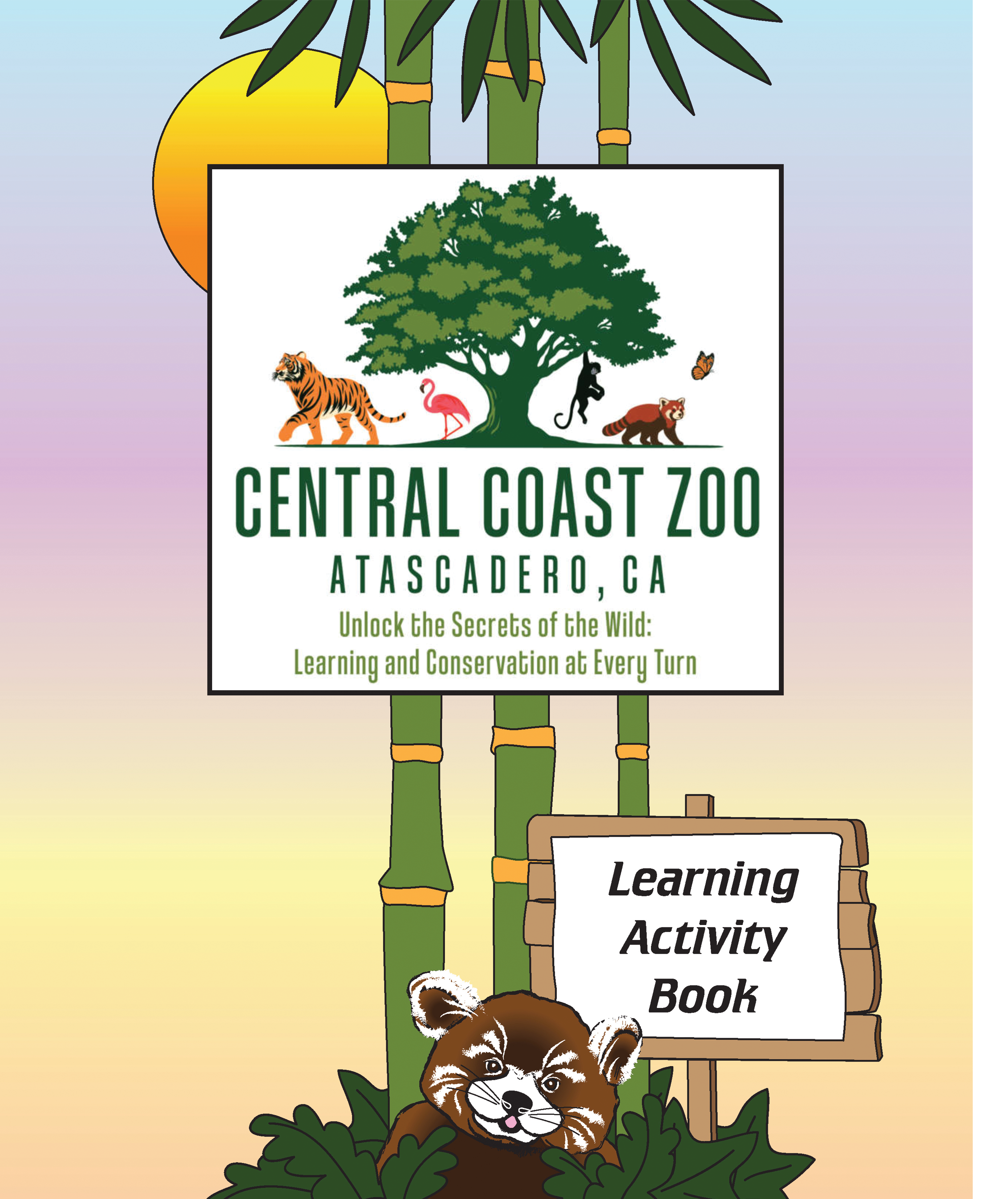 Central Coast Zoo Activity Learning Book cover, featuring the Zoo's logo, and background graphics including a sun, tall bamboo and red panda.