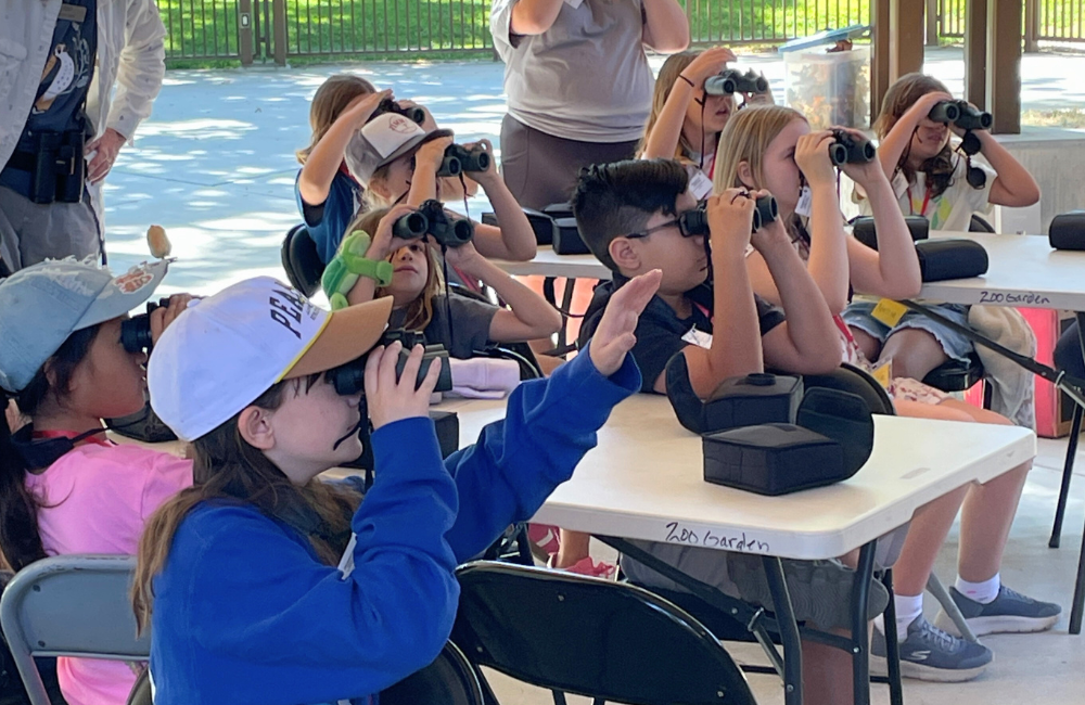 Children sitting at tables learning how to use binoculars. 